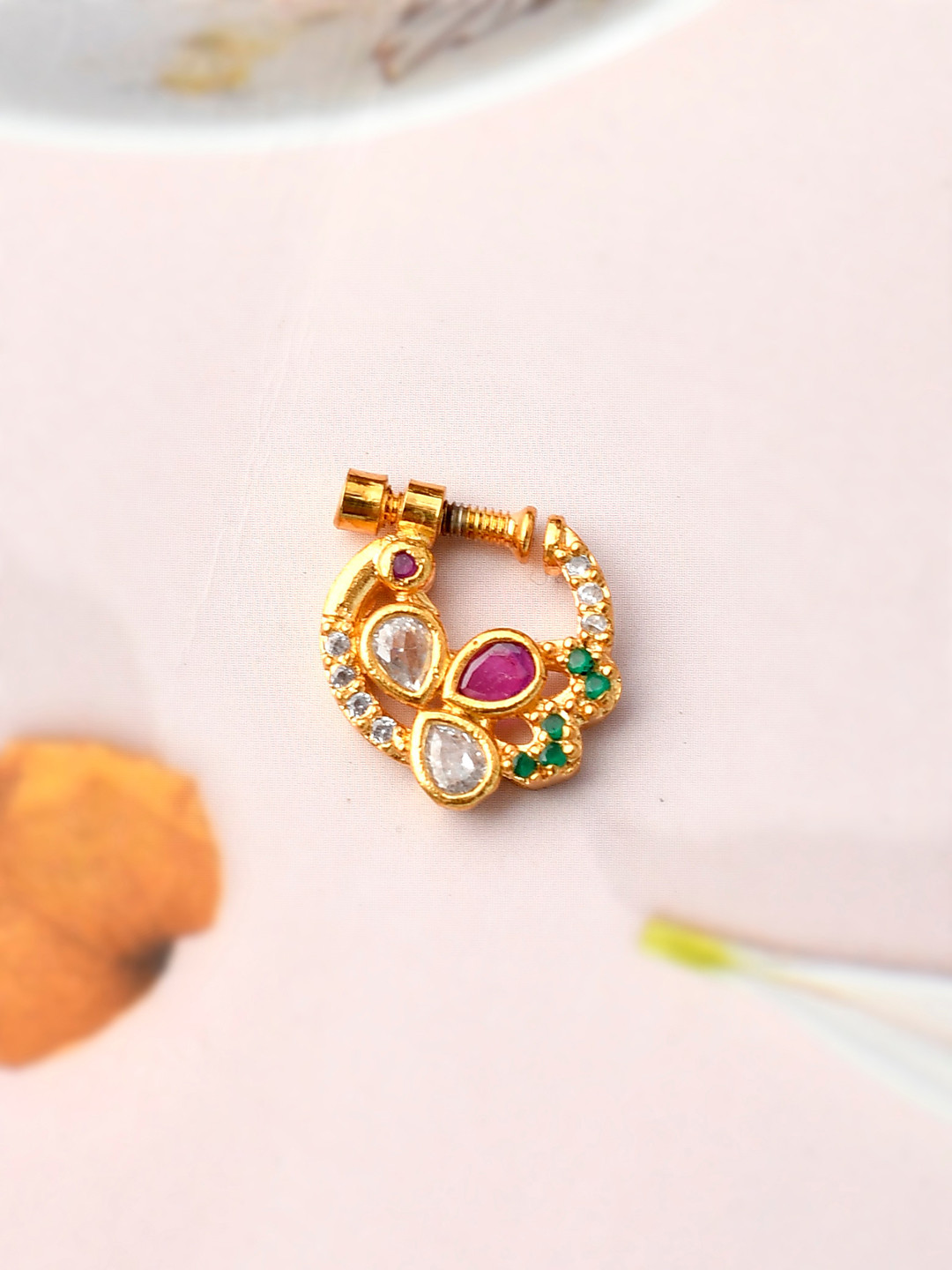 

Silvermerc Designs Gold-Plated Pink & White CZ Studded Nose Ring