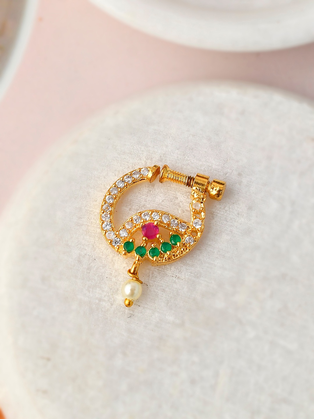 

Silvermerc Designs Gold Plated Green & Pink Stone Studded Floral Meenakari Nose Ring