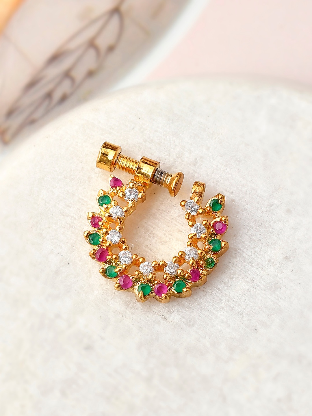 

Silvermerc Designs Gold-Plated Green & Pink Stone Studded Meenakari Nose Ring