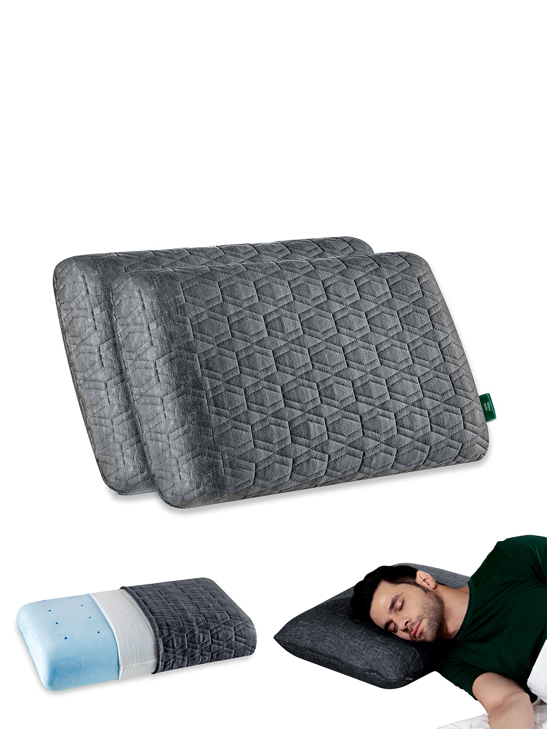 

The White Willow Set Of 2 Solid Cooling Gel Memory Foam Bed Sleep Pillows, Grey