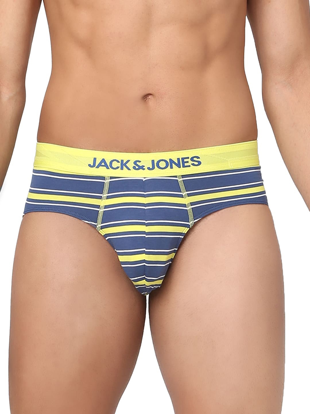 

Jack & Jones Men Dark Denim and Yellow Striped Cotton On Slate Briefs, Blue