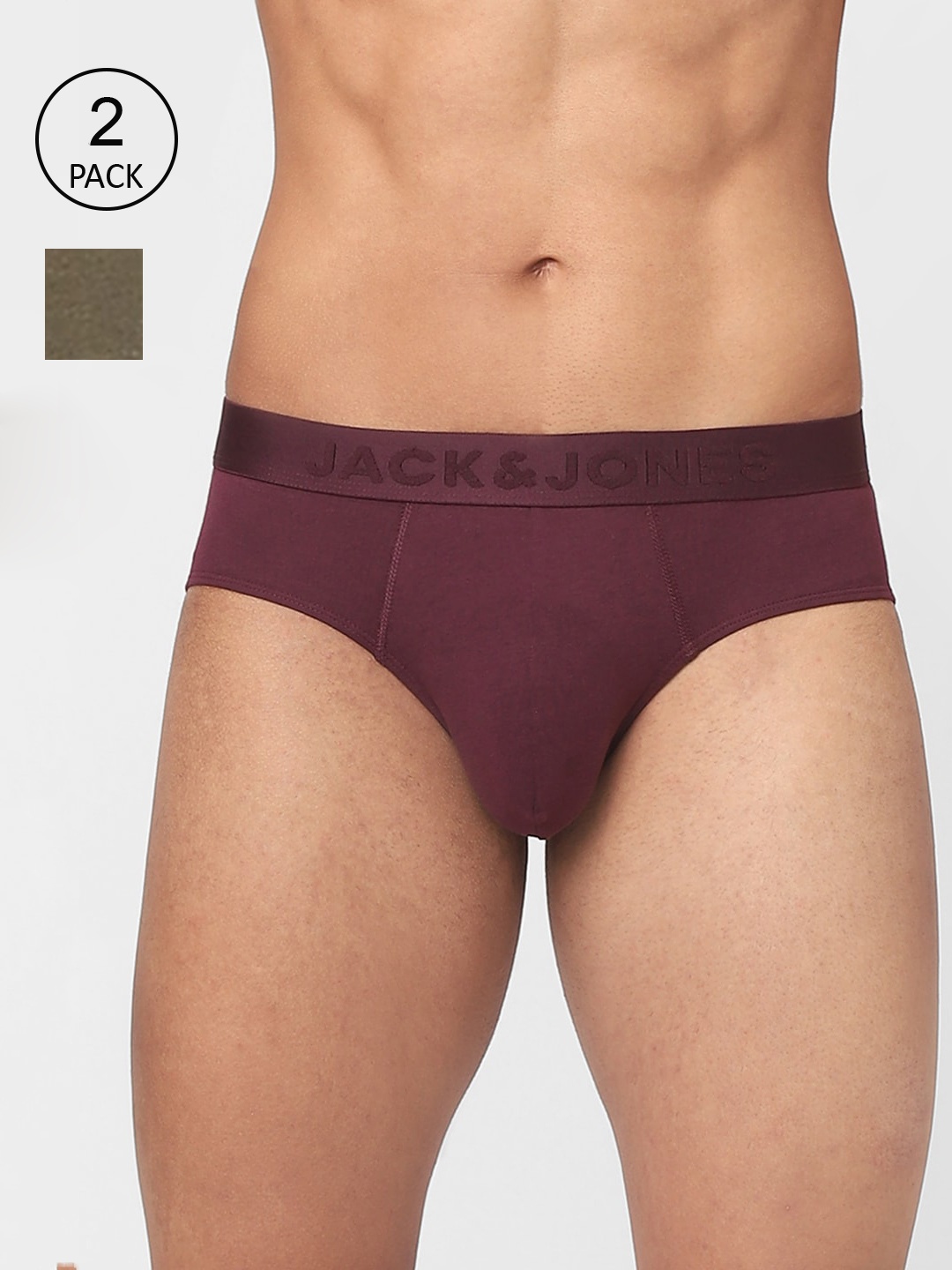 

Jack & Jones Men Maroon & Olive Green Pack Of 2 Solid Cotton Basic Briefs