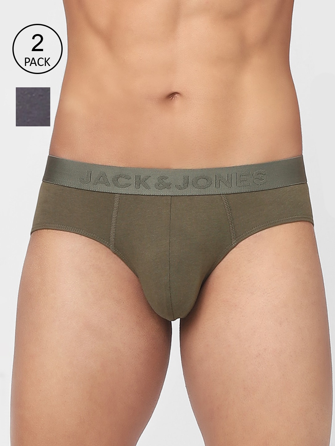 

Jack & Jones Men Pack Of 2 Solid Cotton Basic Briefs, Olive
