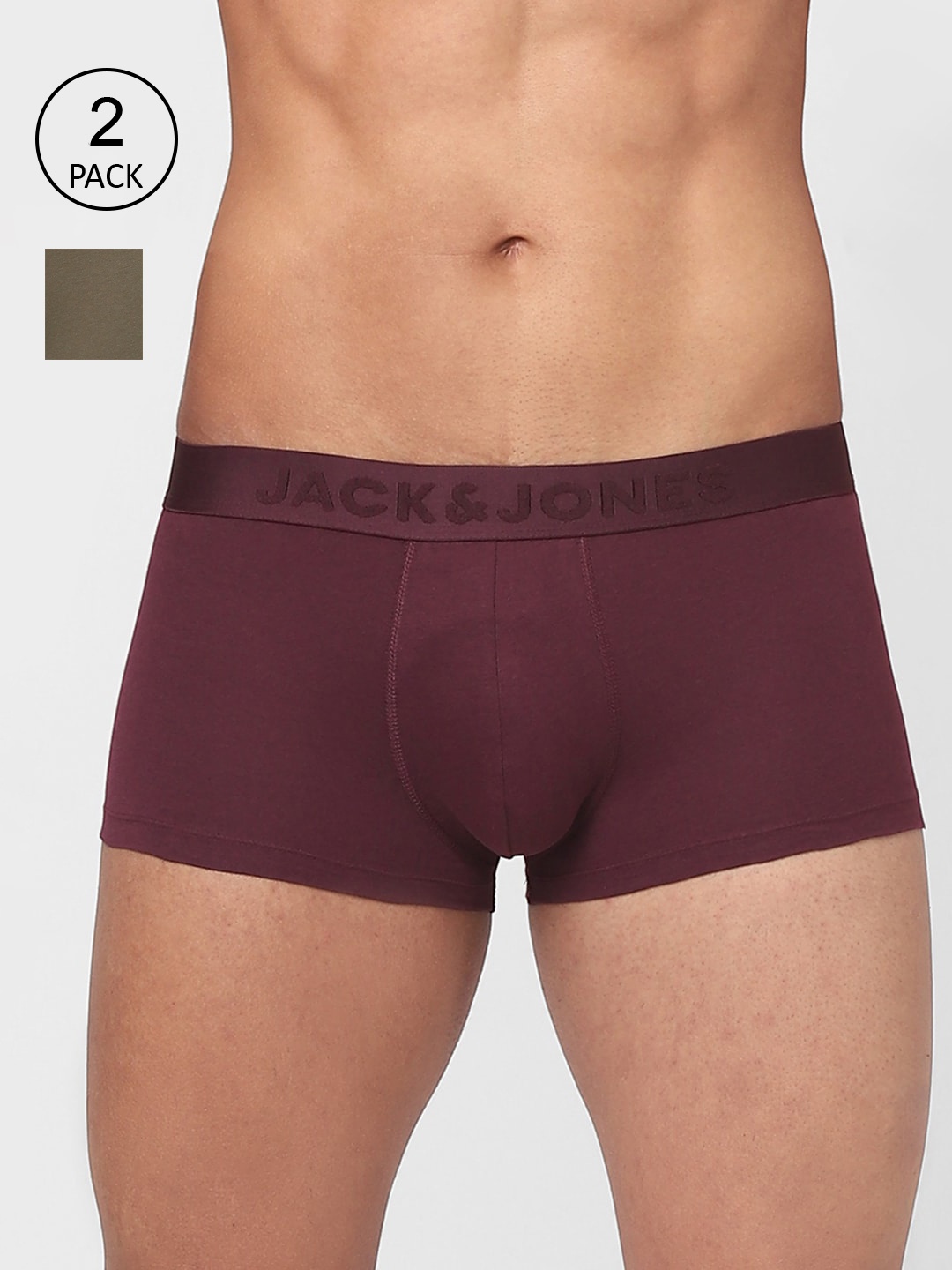 

Jack & Jones Men Pack of 2 Maroon & Olive Green Solid Cotton Trunk