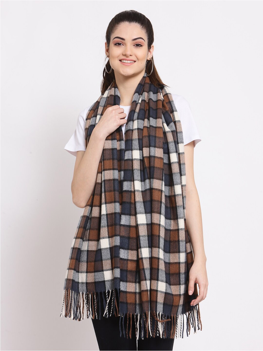 

Calvadoss Women Brown & White Checked Wool Stole