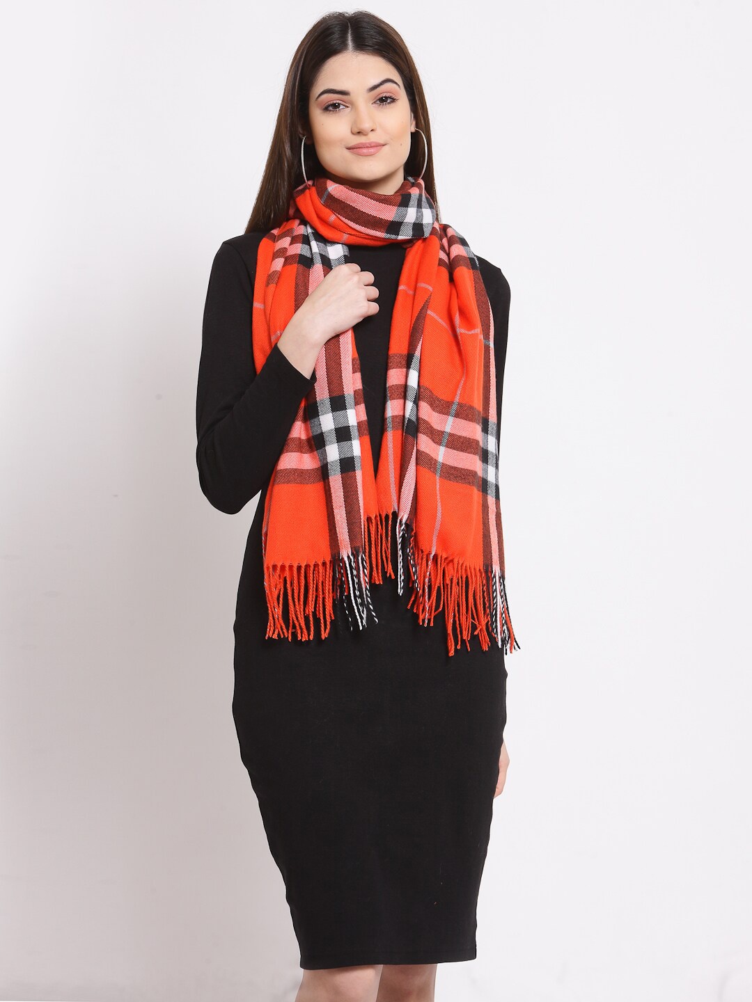 

Calvadoss Women Orange & Black Checked Wool Stole