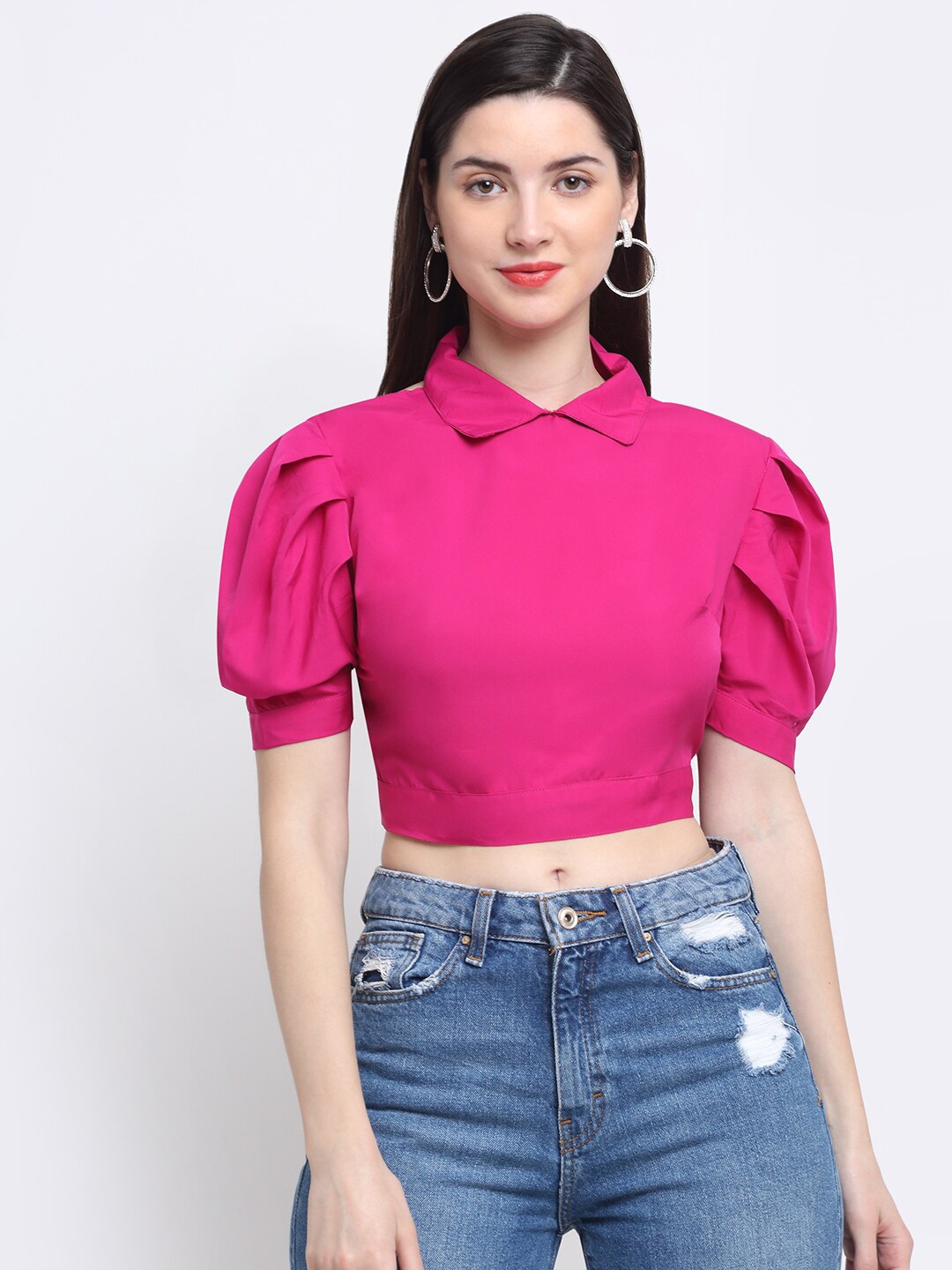 

emeros Women Fuchsia Monochrome Crepe Styled Back Crop Top