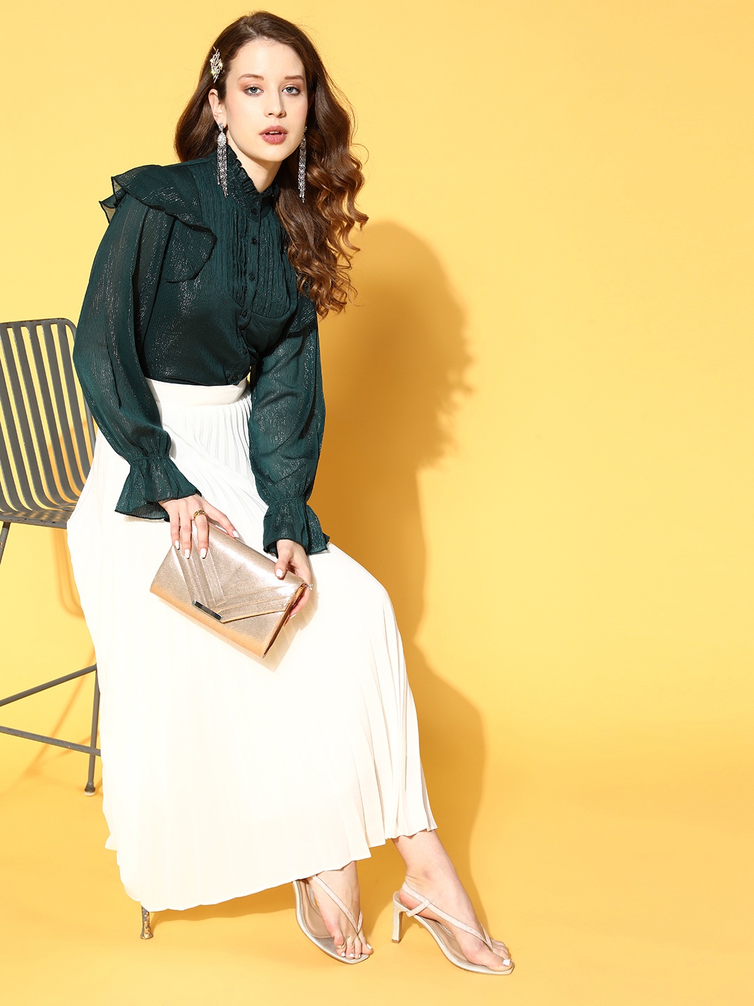 

plusS Women Stylish Green Solid Pleated Form Top