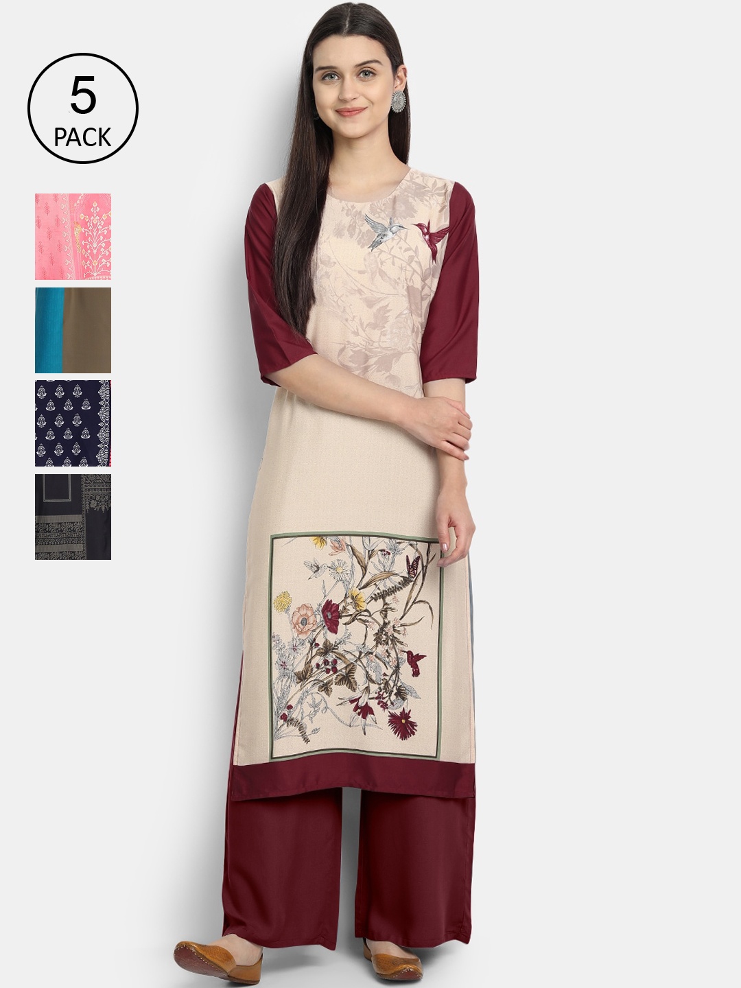 

Ethnic basket Women Multicoloured Set Of 5 Floral Printed Crepe Kurta, Multi