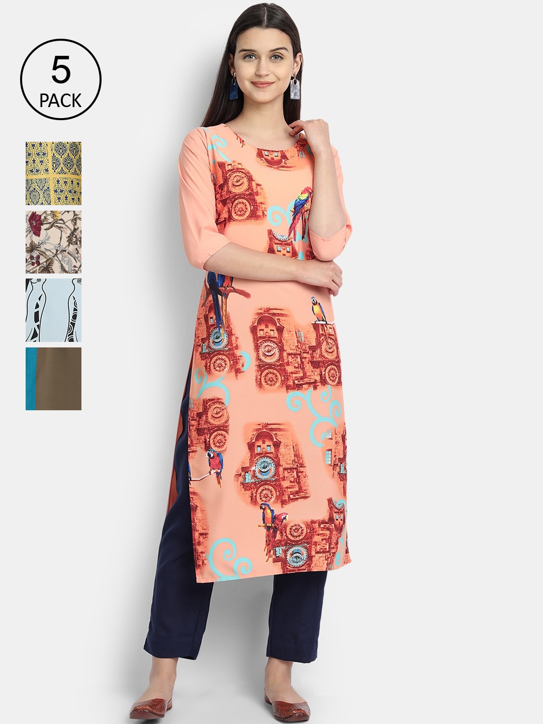 

Ethnic basket Women Set Of 5 Peach-Coloured & Green Floral Printed Crepe Kurta