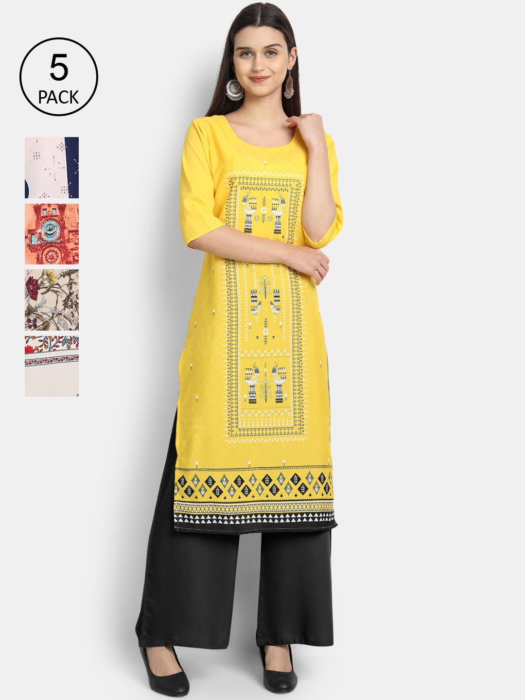 

Ethnic basket Women Pack of 5 Yellow & Peach-Coloured Floral Printed Crepe Kurtas