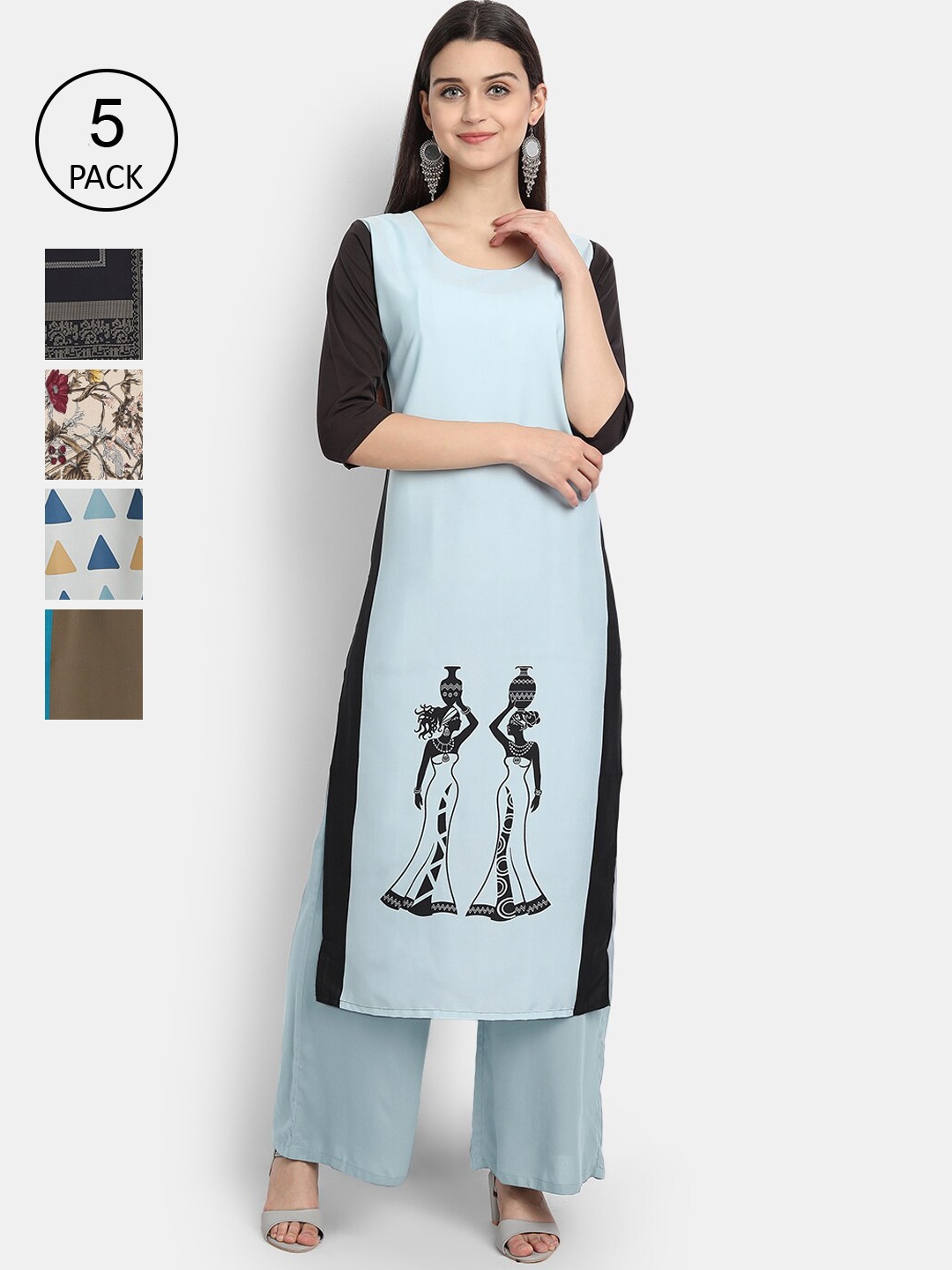 

Ethnic basket Women Pack of 5 Turquoise Blue & Brown Floral Printed Crepe Kurtas