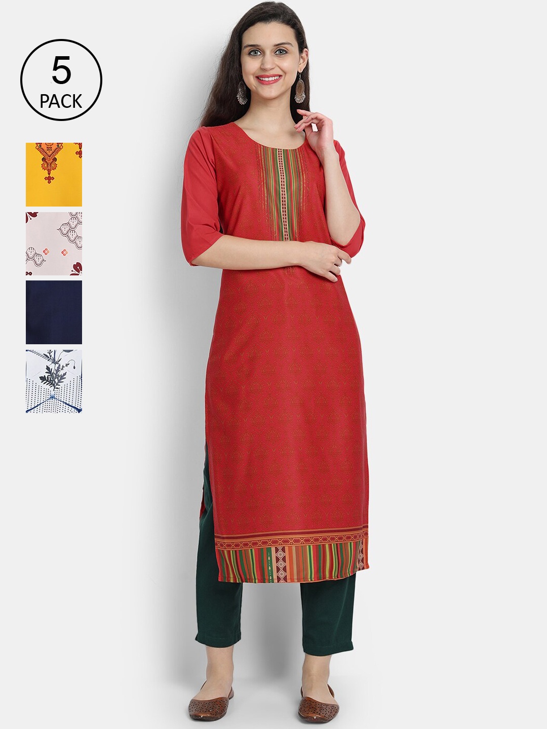 

Ethnic basket Women Set Of 5 Red & Yellow Floral Printed Crepe Kurta