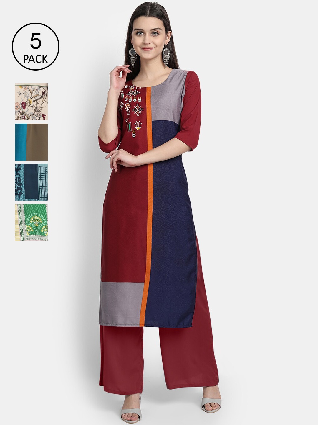 

Ethnic basket Women Pack Of 5 Digital Printed Crepe Kurta, Maroon