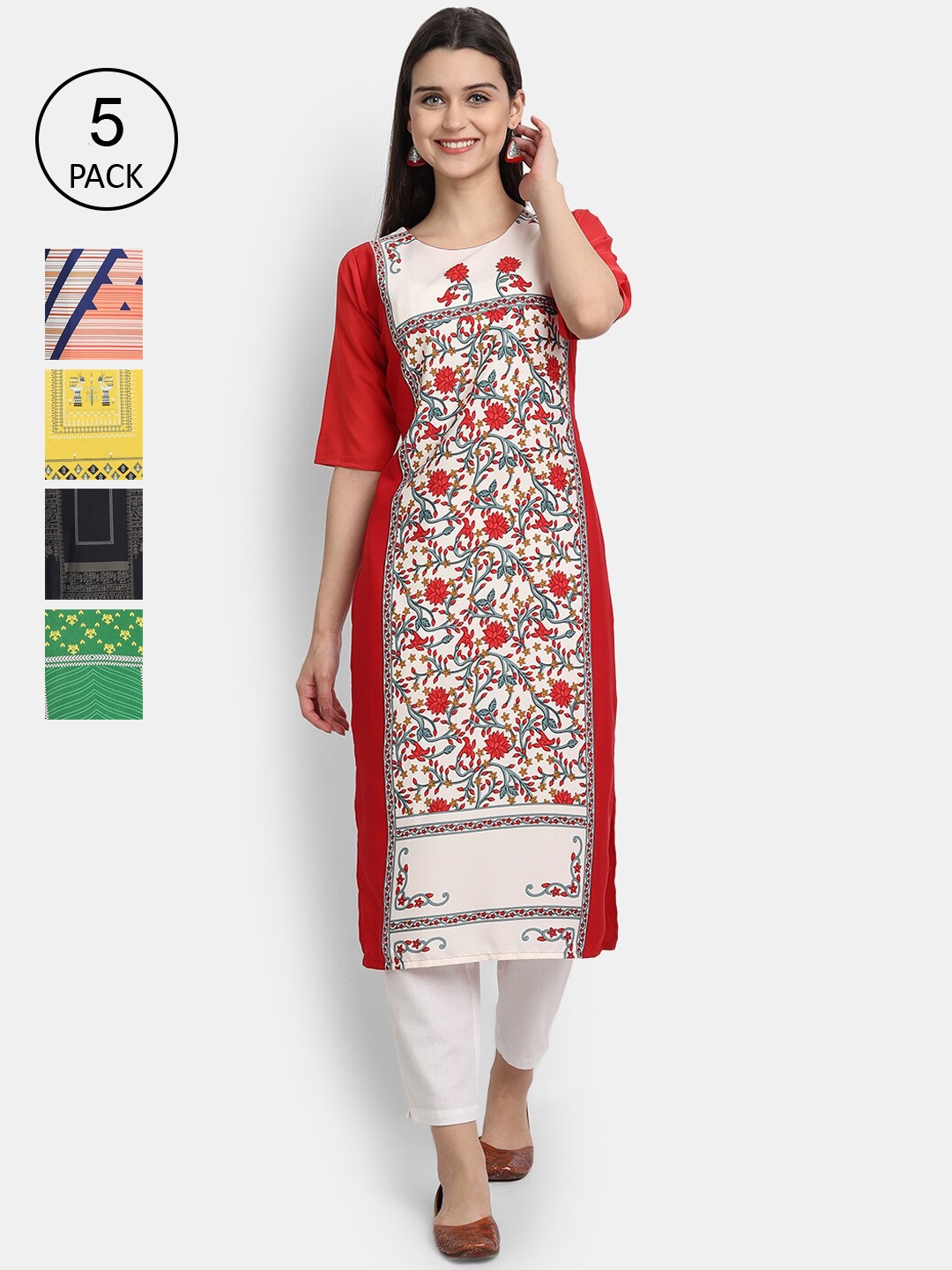 

Ethnic basket Women Pack of 5 Multicoloured Floral Printed Crepe Kurtas, Multi