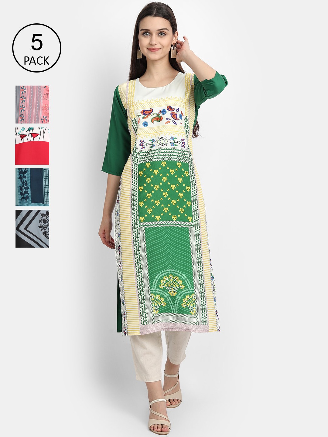 

Ethnic basket Women Pack Of 5 Digital Printed Crepe Kurta, Red