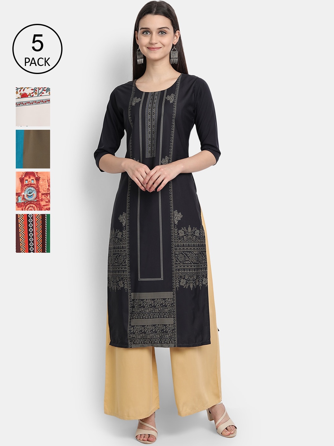

Ethnic basket Women Pack of 5 Black & Green Geometric Striped Crepe Kurtas