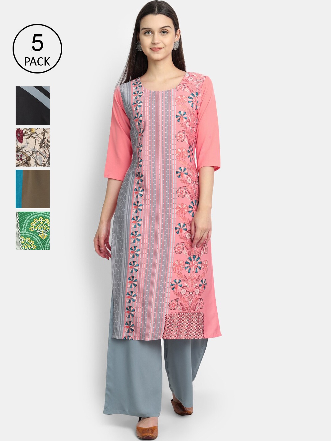 

Ethnic basket Women Pink & Green Geometric Printed Crepe Kurta Pack Of 5