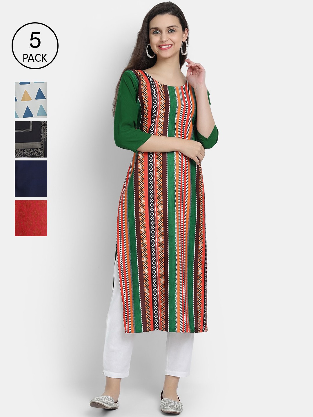 

Ethnic basket Women Pack of 5 Green & Navy Blue Floral Striped Crepe Kurtas