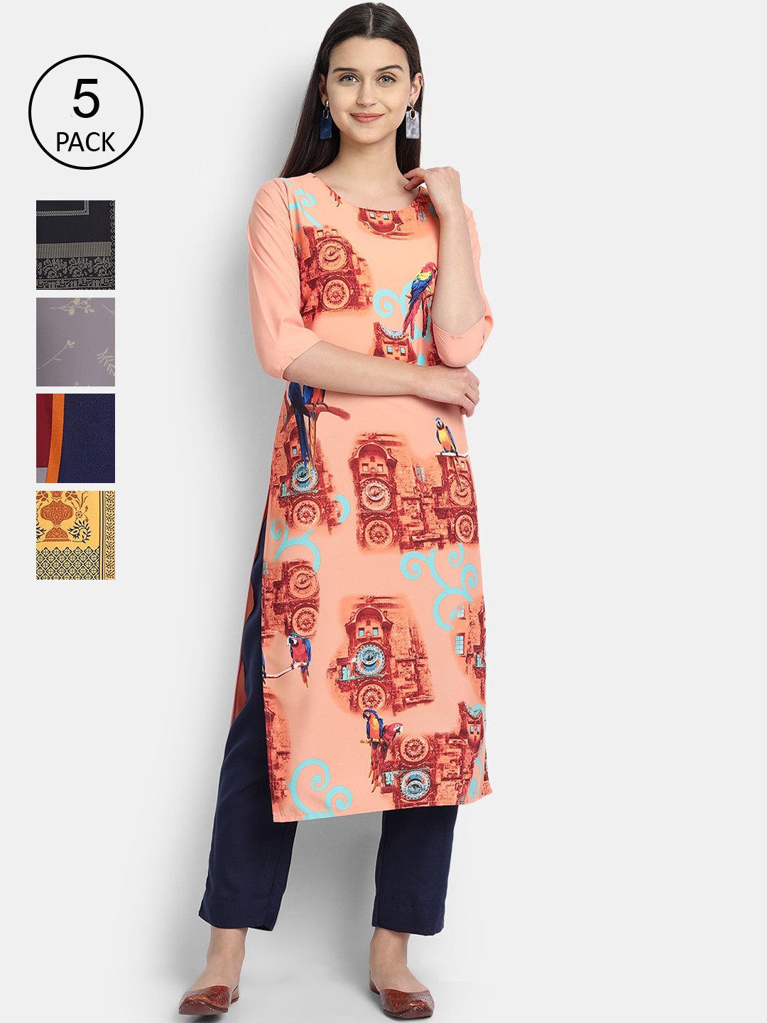 

Ethnic basket Women Pack of 5 Peach-Coloured & Grey Floral Printed Crepe Kurtas
