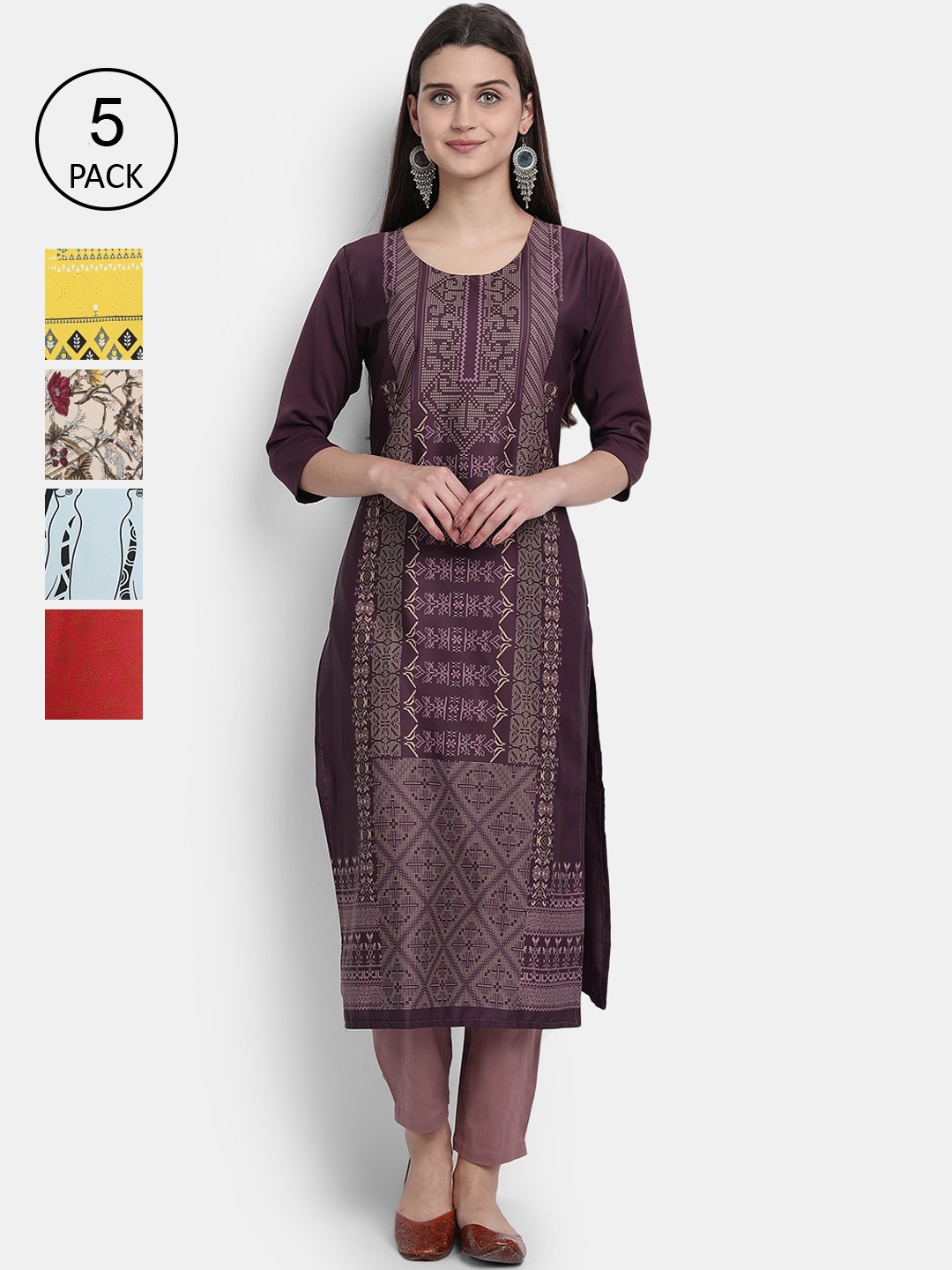 

Ethnic basket Women Burgundy & Red Ethnic Motifs Printed Crepe Kurta Pack Of 5