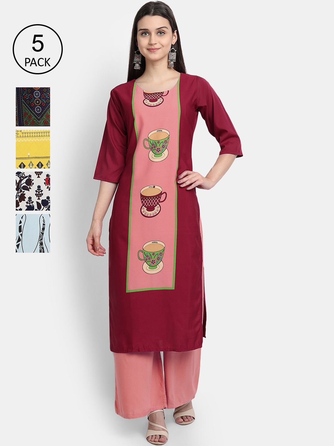 

Ethnic basket Women Set Of 5 Green & Yellow Ethnic Motifs Printed Crepe Kurta