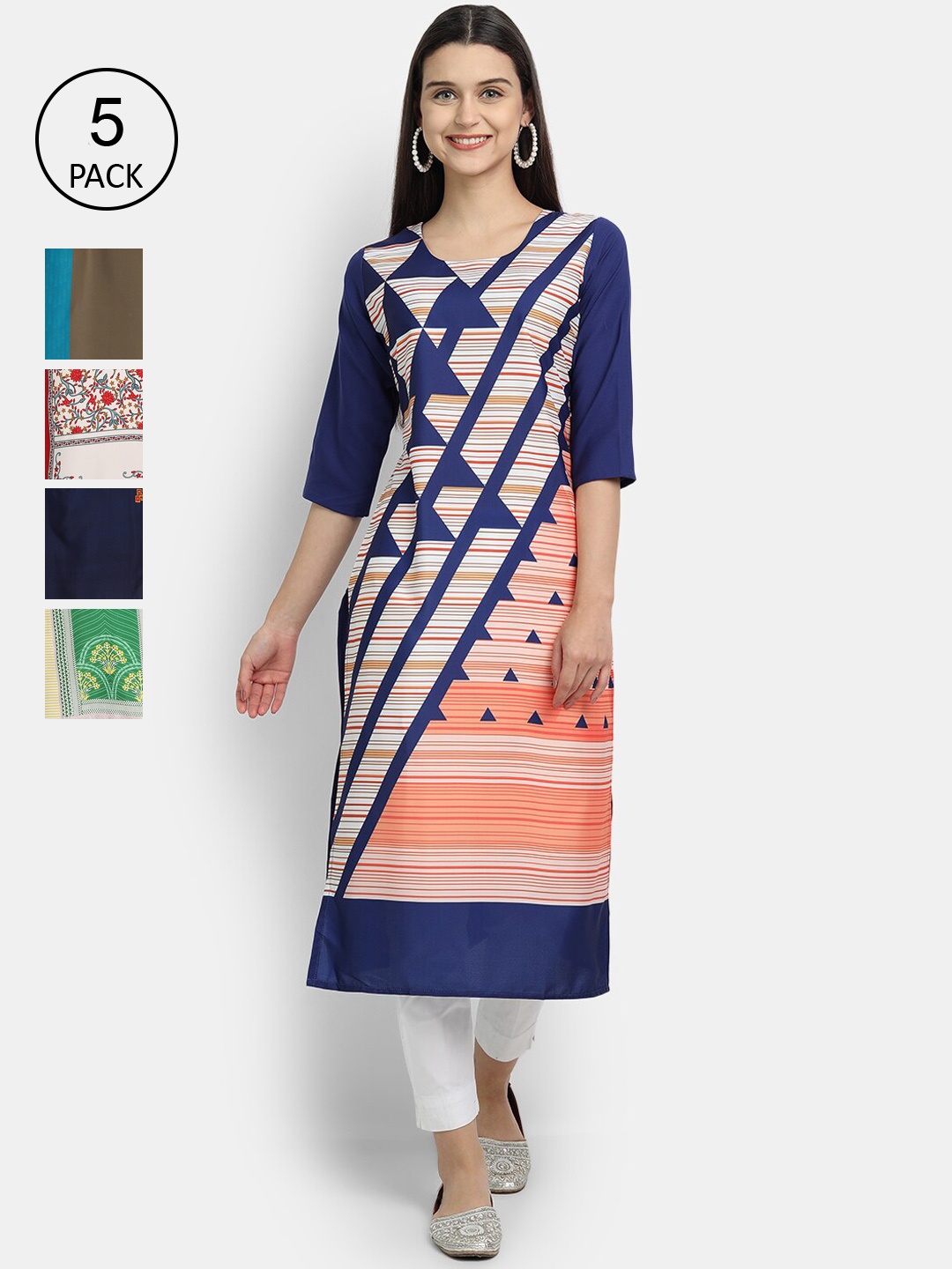

Ethnic basket Women Set Of 5 Blue & Green Ethnic Motifs Printed Crepe Kurta