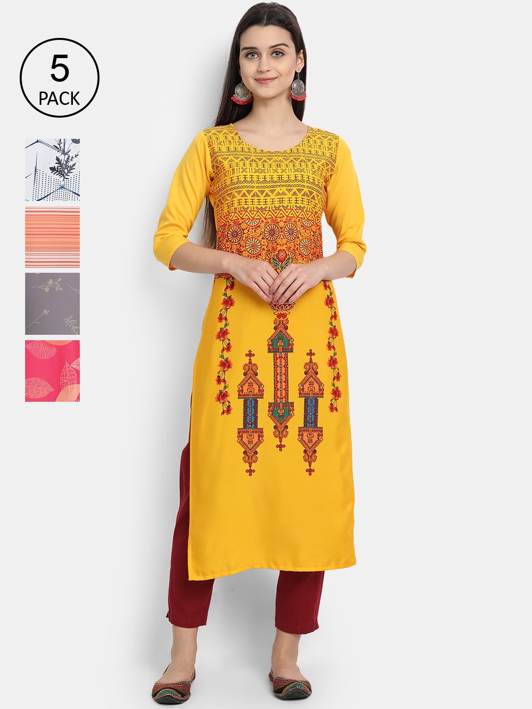 

Ethnic basket Women Pack of 5 Yellow & Peach-Coloured Ethnic Motifs Printed Crepe Kurtas