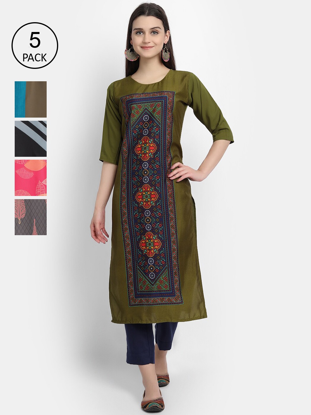 

Ethnic basket Women Multicoloured Set Of 5 Floral Printed Crepe Kurta, Multi