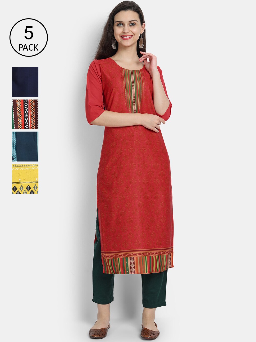 

Ethnic basket Women Pack Of 5 Red & Yellow Printed Crepe Kurta