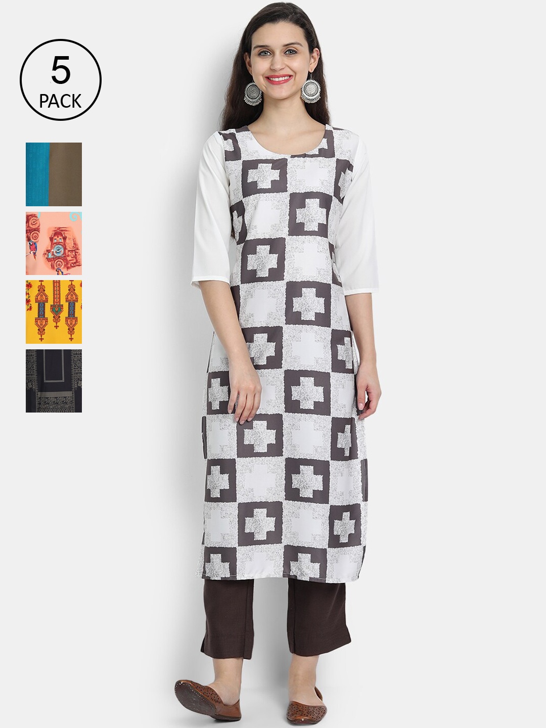 

Ethnic basket Women White & Yellow Ethnic Motifs Printed Crepe Kurta Pack Of 5