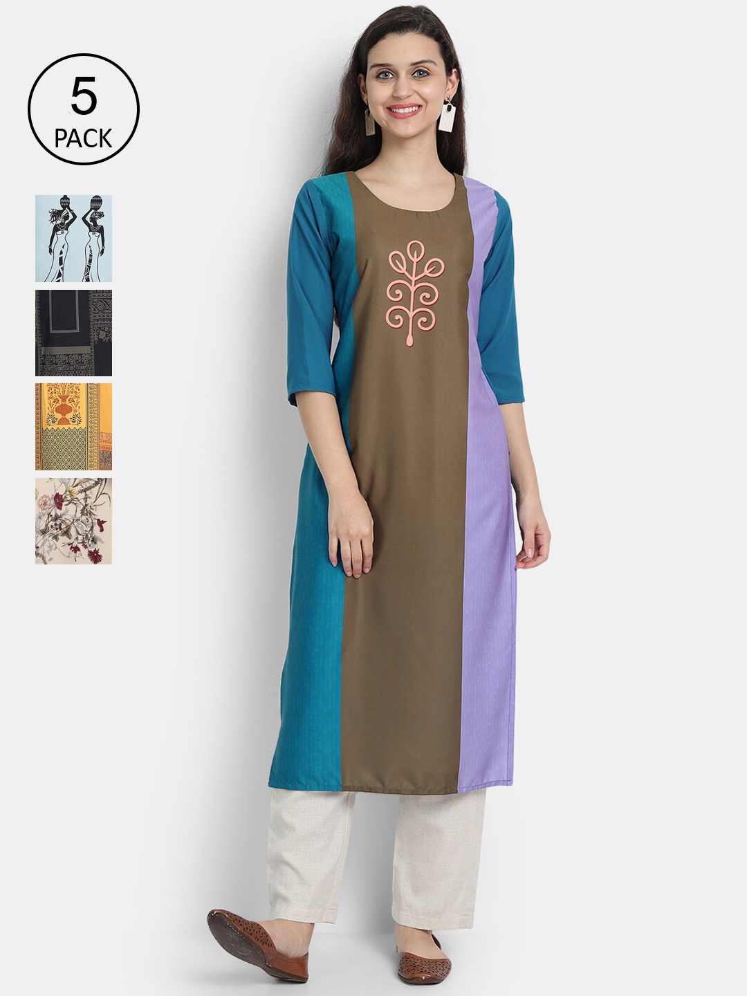 

Ethnic basket Women Pack Of 5 Yellow & Blue Ethnic Motifs Printed Crepe Kurta
