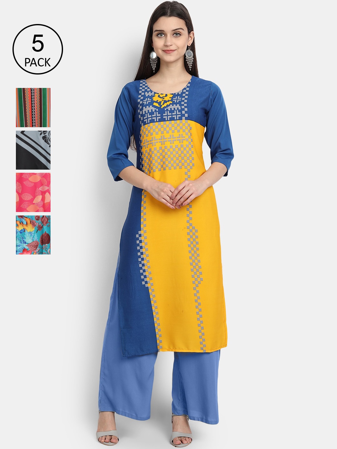 

Ethnic basket Women Set Of 5 Blue & Green Floral Printed Crepe Kurta