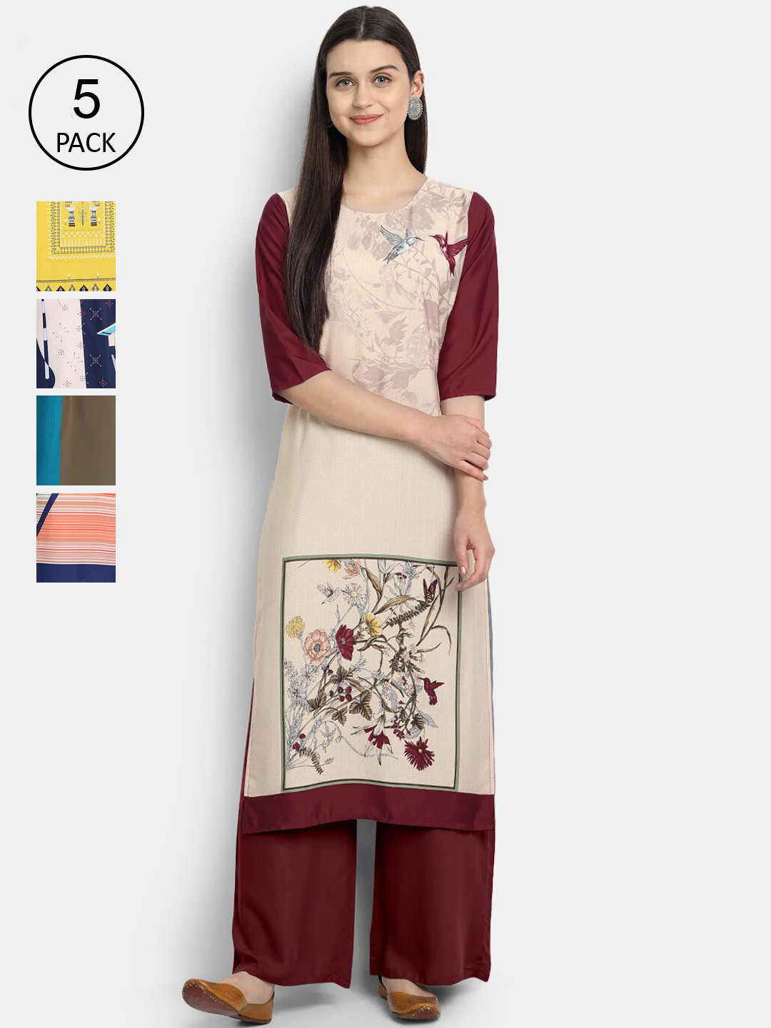 

Ethnic basket Women Beige & Yellow Geometric Printed Crepe Kurta Pack Of 5