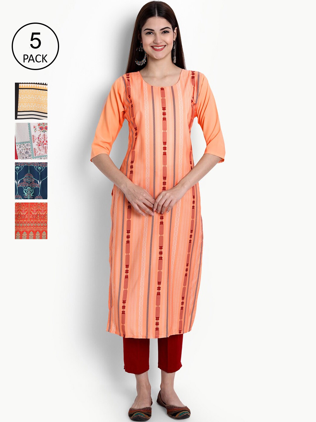 

Ethnic basket Women Pack Of 5 Digital Printed Crepe Kurta, Red