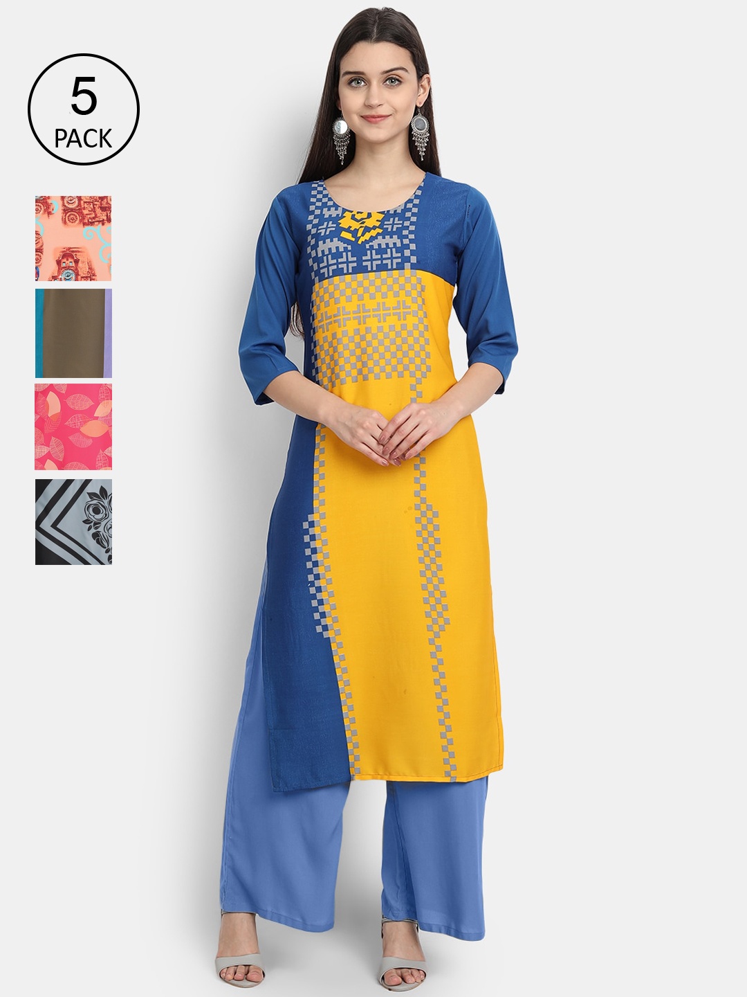 

Ethnic basket Women Pack Of 5 Digital Printed Crepe Kurta, Yellow