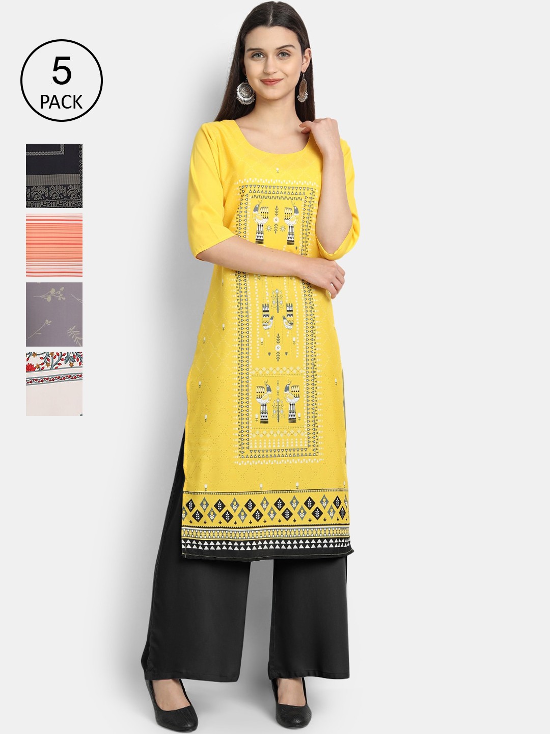 

Ethnic basket Women Set Of 5 Yellow & Red Floral Printed Crepe Kurta