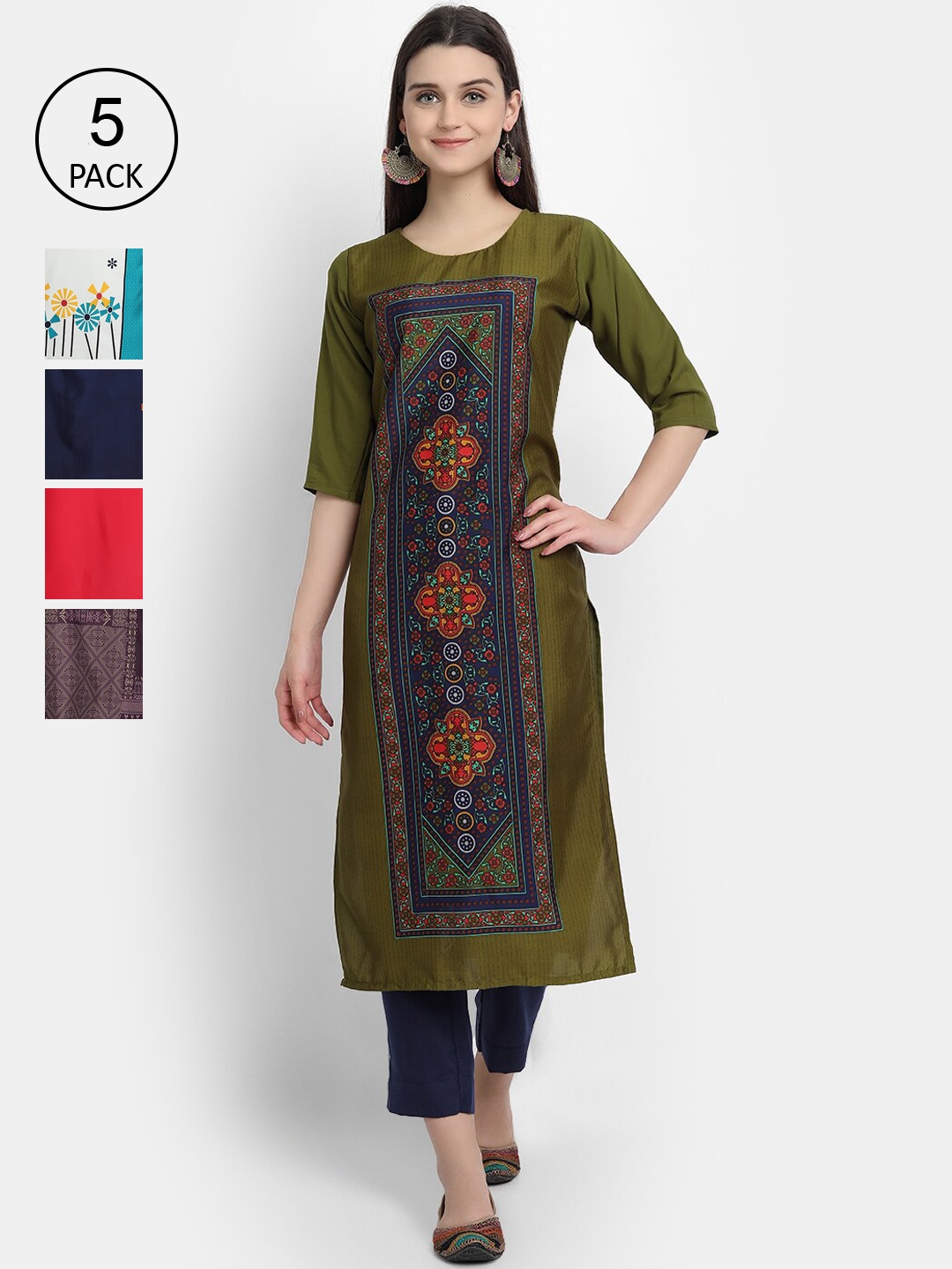 

Ethnic basket Women Pack Of 5 Olive Green & Red Floral Printed Crepe Kurta