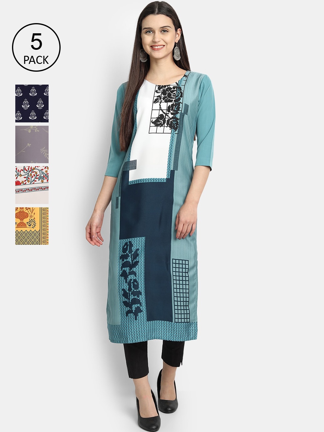 

Ethnic basket Women Teal & Navy Blue Ethnic Motifs Printed Crepe Kurta Pack Of 5