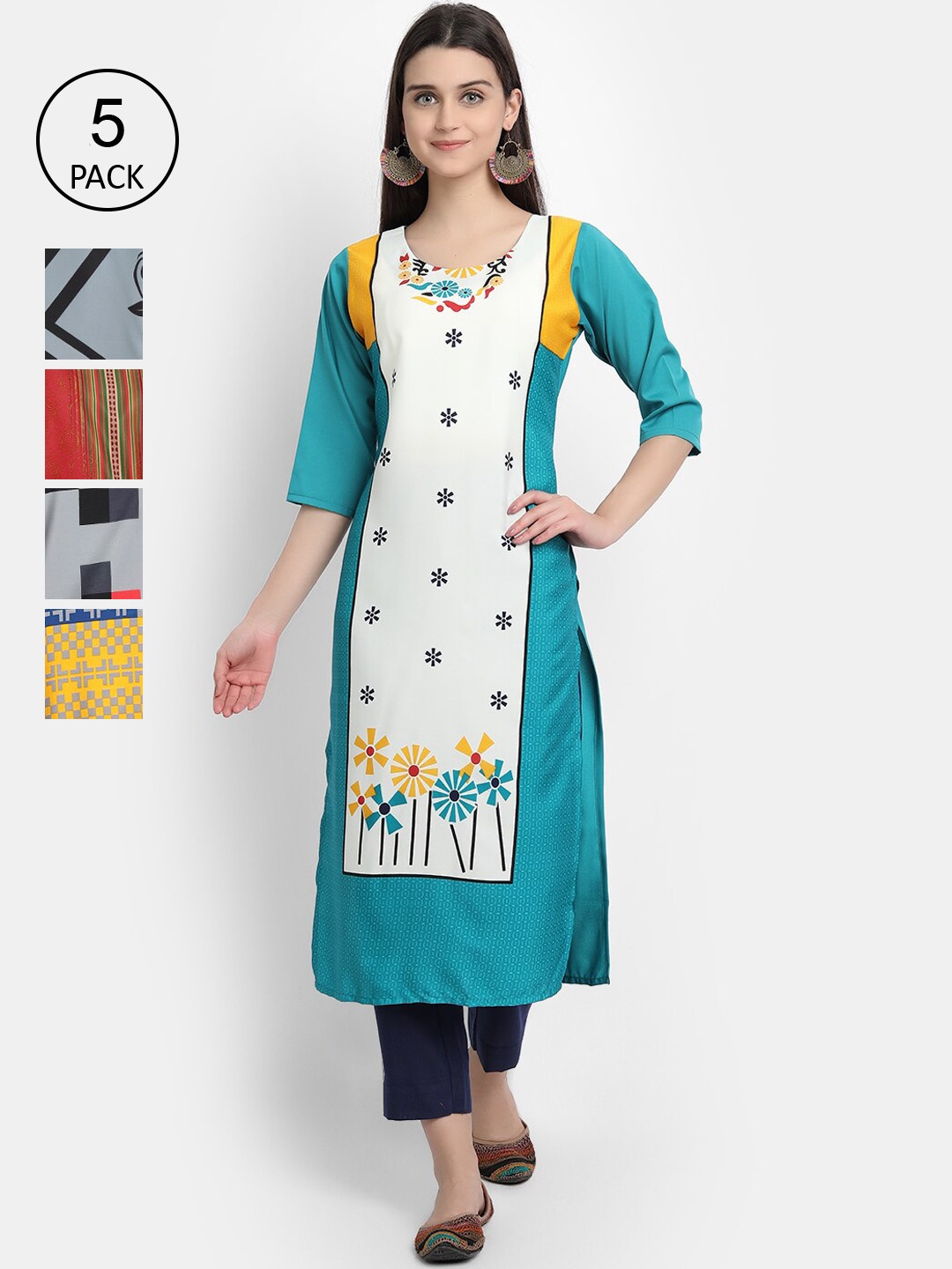 

Ethnic basket Women Pack Of 5 Blue & Off White Floral Printed Crepe Kurta