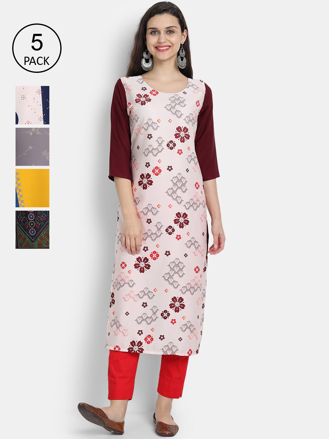 

Ethnic basket Women Pack Of 5 Digital Printed Crepe Kurta, White