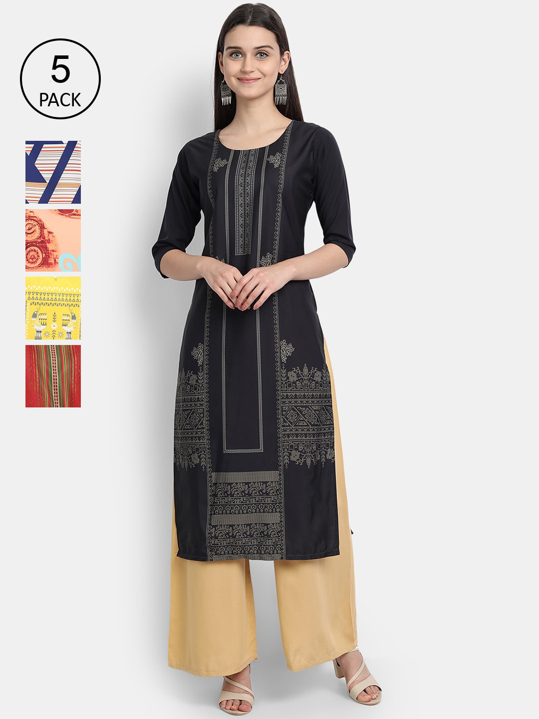 

Ethnic basket Women Set Of 5 Black & Blue Ethnic Motifs Printed Crepe Kurta