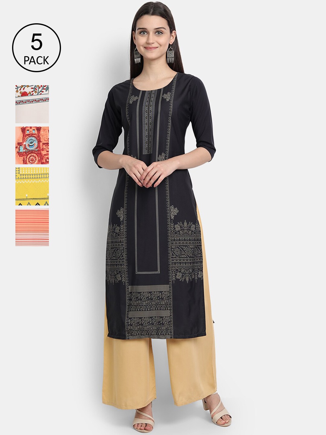 

Ethnic basket Women Pack of 5 Charcoal & White Floral Printed Crepe Kurtas