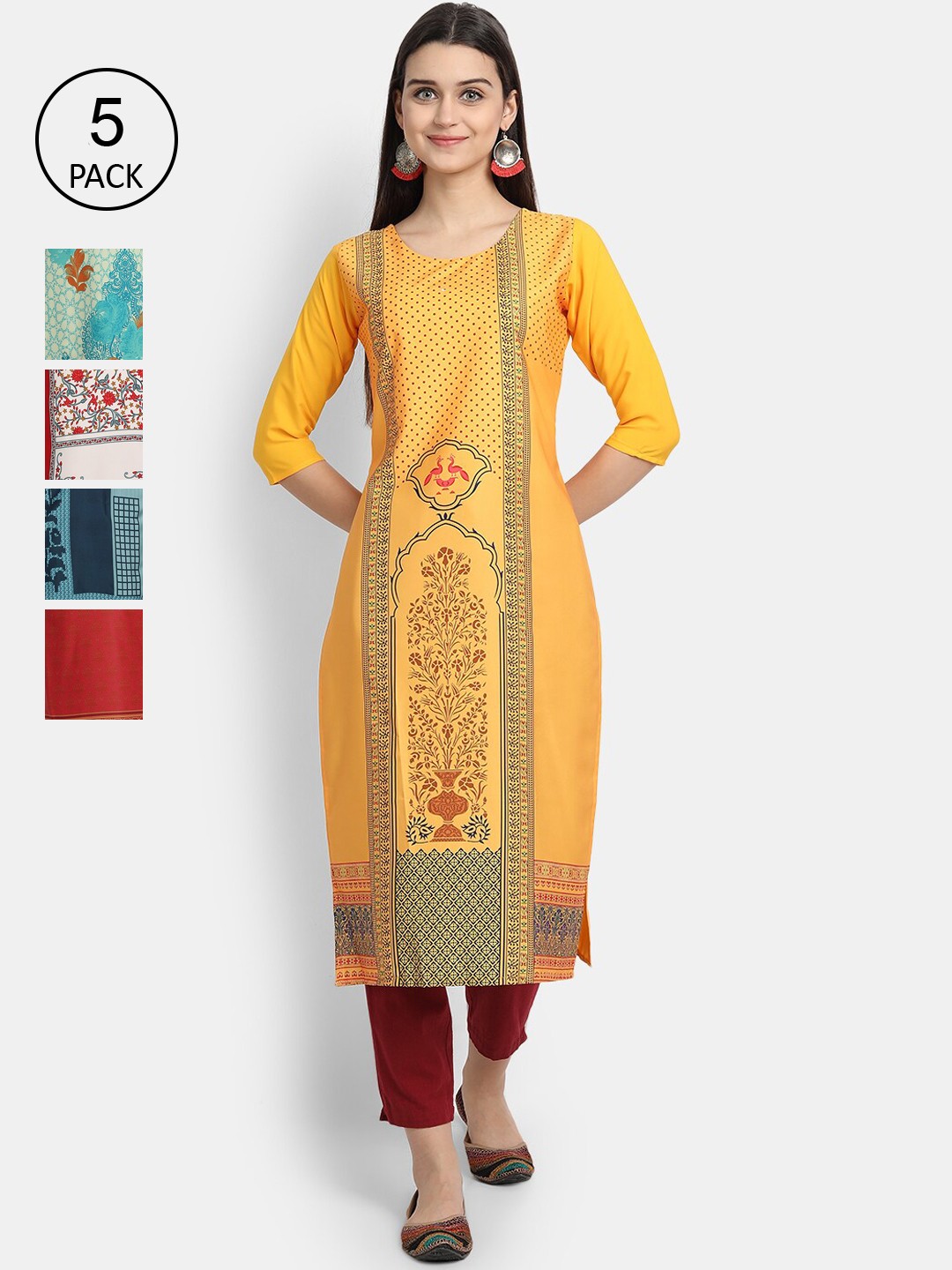 

Ethnic basket Women Pack of 5 Multicoloured Ethnic Motifs Printed Crepe Kurtas, Multi