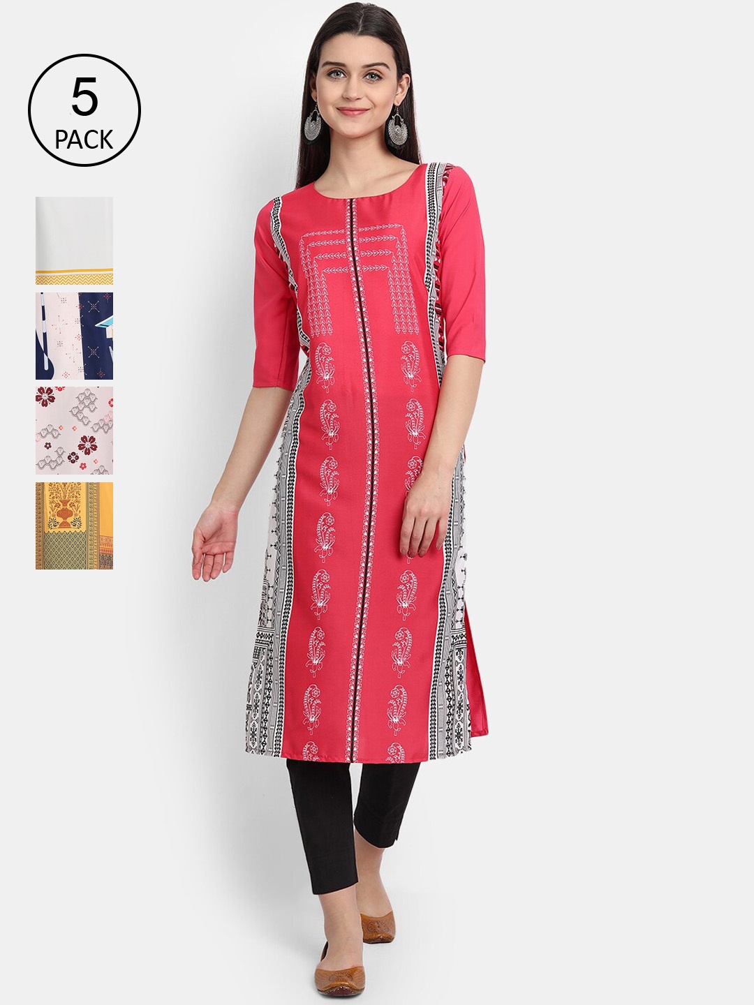 

Ethnic basket Women Pack Of 5 Floral Printed Crepe Kurta, Pink