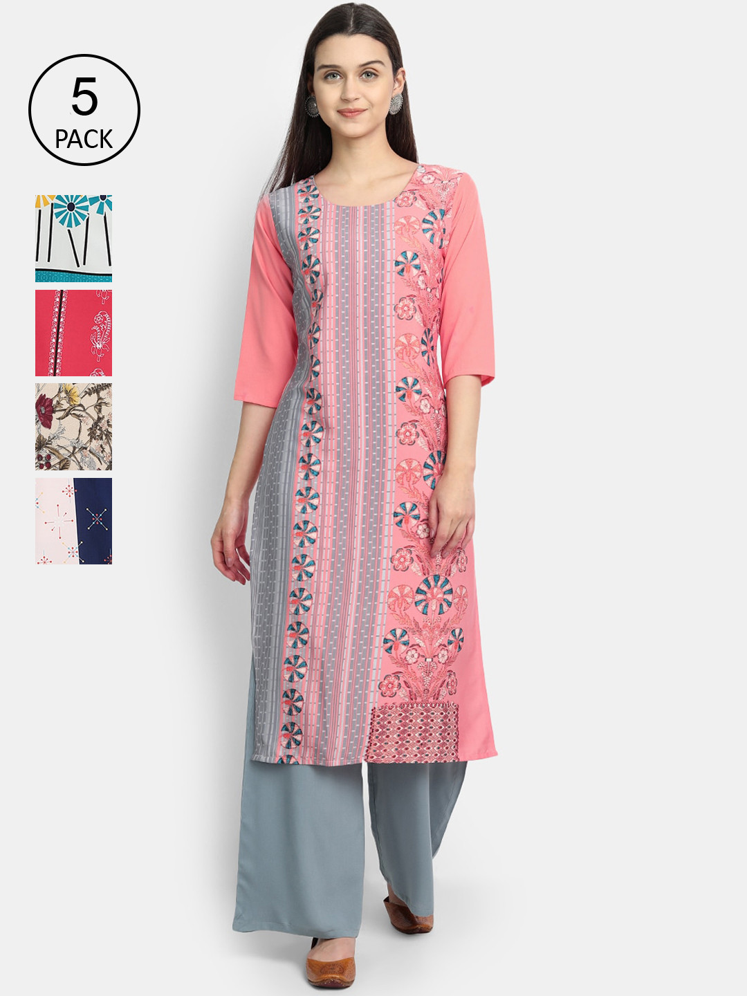 

Ethnic basket Women Set Of 5 Pink & Cream-Coloured Ethnic Motifs Printed Crepe Kurta