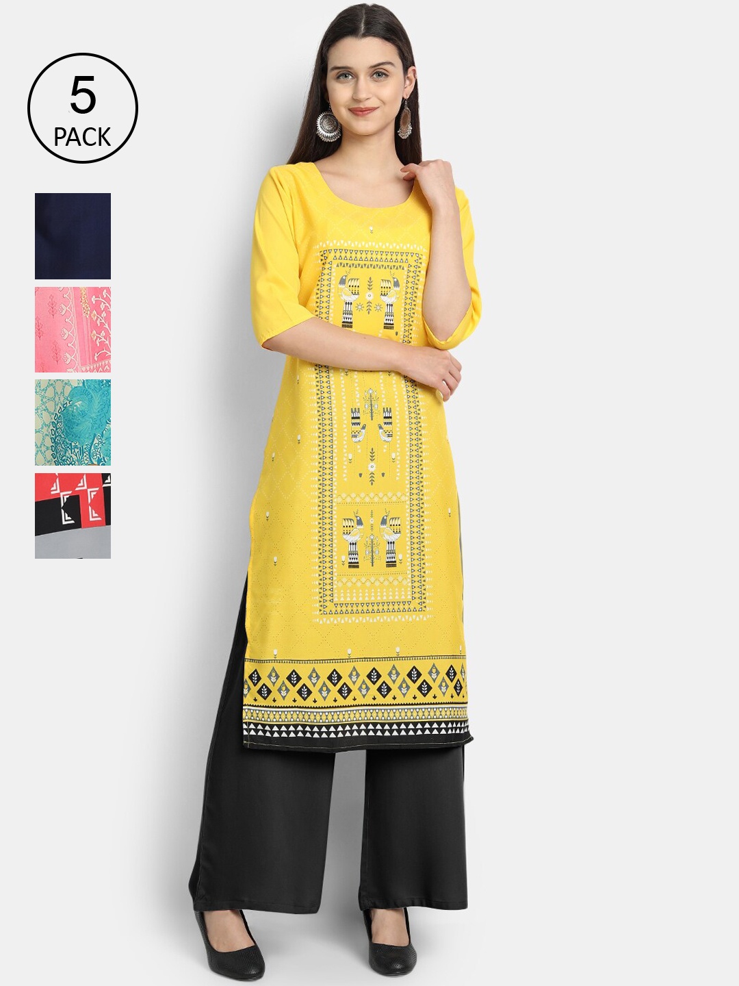 

Ethnic basket Women Set Of 5 Yellow & Red Ethnic Motifs Printed Crepe Kurta