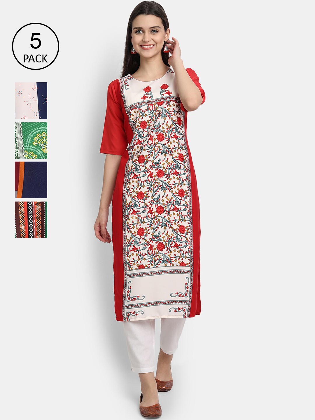 

Ethnic basket Women Pack Of 5 Digital Printed Crepe Kurta, White