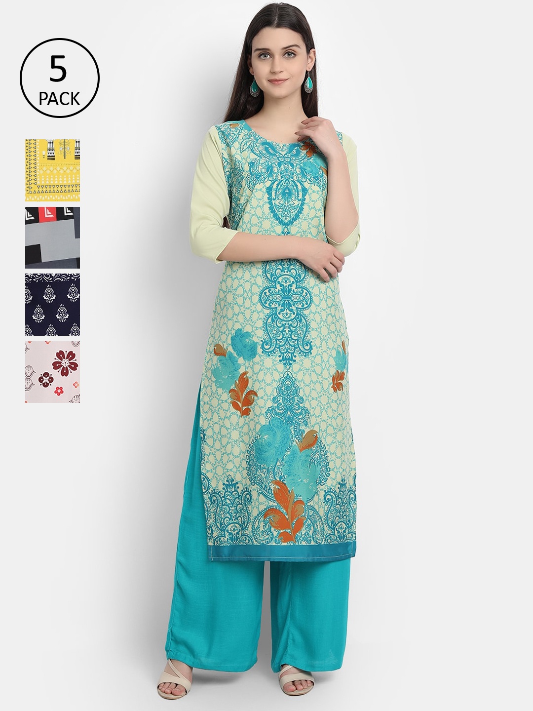 

Ethnic basket Women Pack Of 5 Digital Printed Crepe Kurta, Blue