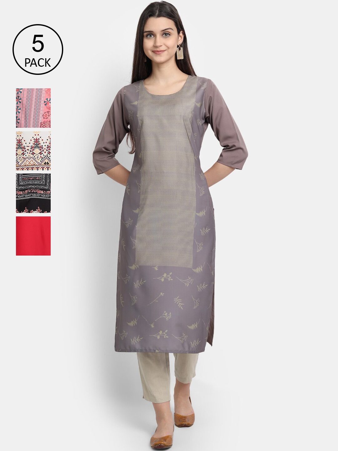

Ethnic basket Women Pack of 5 Grey & Peach-Coloured Floral Printed Crepe Kurtas